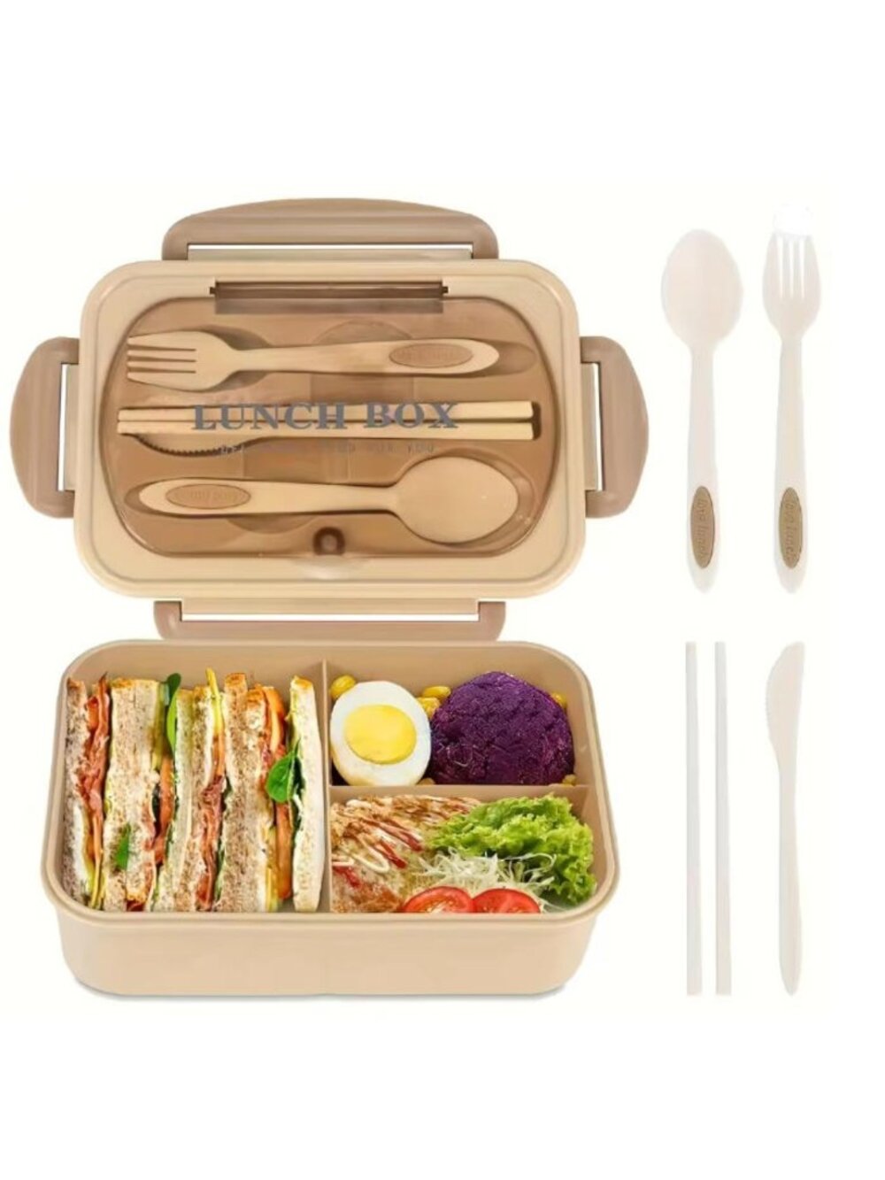 Khaki 1250ML Bento Box for Students, Portable Sealed Compartment Lunch Container